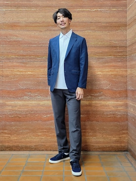 「TAKEO KIKUCHI（タケオキクチ）の【抗菌防臭】COOL DOTS（R）ドビープリント ジャケット（テーラードジャケット、ブルー系）」を使った、piroya619さん（メンズ）の春コーディネート