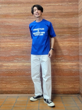 「TAKEO KIKUCHI（タケオキクチ）の【BOWLER HAT LABEL】アイスクリアコットン バッククロスピストル 半袖Tシャツ（Tシャツ/カットソー、ブルー系）」を使った、piroya619さん（メンズ）の春コーディネート