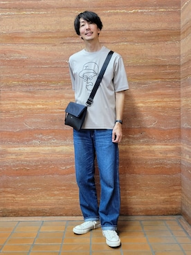 「TAKEO KIKUCHI（タケオキクチ）の【BOWLER HAT LABEL】アイスクリアコットン ワンストローク 半袖Tシャツ（Tシャツ/カットソー、ベージュ系）」を使った、piroya619さん（メンズ）の春コーディネート