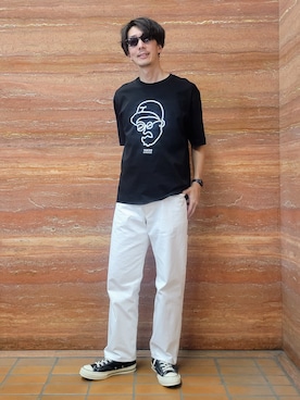 「TAKEO KIKUCHI（タケオキクチ）の【BOWLER HAT LABEL】アイスクリアコットン ワンストローク 半袖Tシャツ（Tシャツ/カットソー、ブラック系）」を使った、piroya619さん（メンズ）の春コーディネート