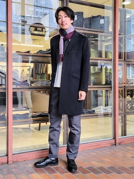 「アイテム（チェスターコート、ブルー系）」を使った、piroya619さん（メンズ・182cm）の冬コーディネート
