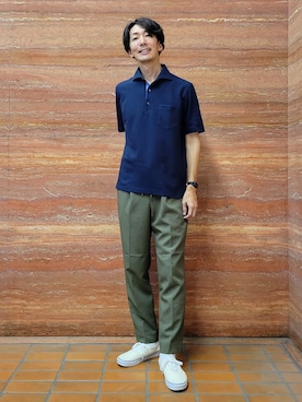 「TAKEO KIKUCHI（タケオキクチ）の【抗菌防臭】ステイフレッシュ ポロシャツ（ポロシャツ、ブルー系）」を使った、piroya619さん（メンズ）の夏コーディネート