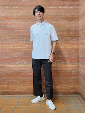 「TAKEO KIKUCHI（タケオキクチ）の【BOWLER HAT LABEL】アイスクリアコットン ボーラーハットウォーカー ポロシャツ（ポロシャツ、ホワイト系）」を使った、piroya619さん（メンズ）の春コーディネート