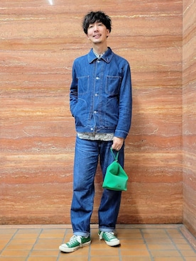 「TAKEO KIKUCHI（タケオキクチ）の【BOWLER HAT LABEL】エクスプローラー Gジャン（デニムジャケット、ブルー系）」を使った、piroya619さん（メンズ）の春コーディネート