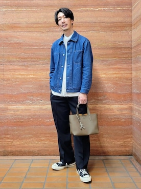 「TAKEO KIKUCHI（タケオキクチ）の【BOWLER HAT LABEL】エクスプローラー Gジャン（デニムジャケット、ブルー系）」を使った、piroya619さん（メンズ）の冬コーディネート