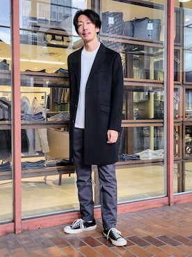 「アイテム（チェスターコート、ブルー系）」を使った、piroya619さん（メンズ・182cm）の冬コーディネート