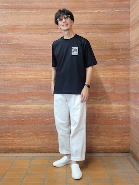 「TAKEO KIKUCHI（タケオキクチ）の【BOWLER HAT LABEL】アイスクリアコットン ピンナップガール 半袖Tシャツ（Tシャツ/カットソー、ブラック系）」を使った、piroya619さん（メンズ）の夏コーディネート