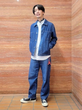 「TAKEO KIKUCHI（タケオキクチ）の【BOWLER HAT LABEL】エクスプローラー Gジャン（デニムジャケット、ブルー系）」を使った、piroya619さん（メンズ）の冬コーディネート