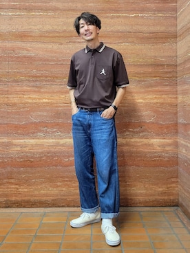 「TAKEO KIKUCHI（タケオキクチ）の【BOWLER HAT LABEL】アイスクリアコットン ボーラーハットウォーカー ポロシャツ（ポロシャツ、ブラウン系）」を使った、piroya619さん（メンズ）の夏コーディネート