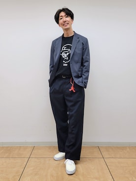 「TAKEO KIKUCHI（タケオキクチ）の【360°ストレッチ/軽量】None Of Stress ライト ジャケット（セットアップ対応）（テーラードジャケット、ブルー系）」を使った、piroya619さん（メンズ）の夏コーディネート