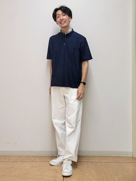 「TAKEO KIKUCHI（タケオキクチ）の【通気性】AIR TOOL ポロシャツ（ポロシャツ、ブルー系）」を使った、piroya619さん（メンズ）の夏コーディネート