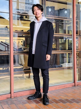 「アイテム（チェスターコート、ブルー系）」を使った、piroya619さん（メンズ・182cm）の冬コーディネート