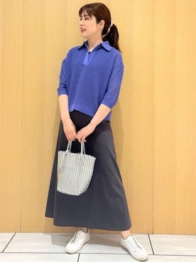 「UNTITLED（アンタイトル）の【七分袖/春夏素材】メッシュ衿付きニット（ニット/セーター、パープル系）」を使った、CHISATOさん（レディース・154cm）の夏コーディネート