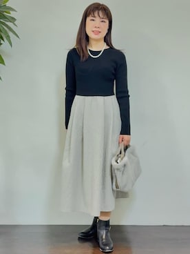 「UNTITLED（アンタイトル）の【大人フェミニン/トレンド】ニット×ジャカード ドッキングワンピース（ワンピース、ベージュ系）」を使った、CHISATOさん（レディース・154cm）の冬コーディネート