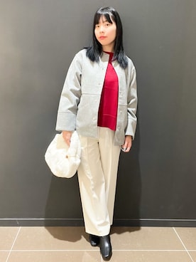 「OPAQUE.CLIP（オペークドットクリップ）のウールライクメルトンノーカラーコート【洗濯機洗い可】（Collarless coats、グレー系）」を使った、yunさん（レディース・155cm）の冬コーディネート