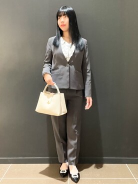 「index（インデックス）のストレッチノーカラージャケット/セットアップ対応【洗濯機OK/防シワ/イージーアイロン】（Collarless jacket、グレー系）」を使った、yunさん（レディース・155cm）の冬コーディネート