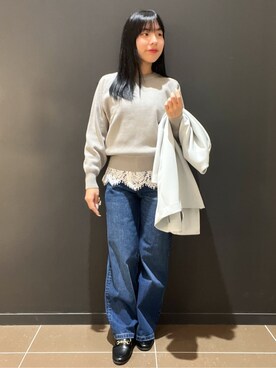 「OPAQUE.CLIP（オペークドットクリップ）のフォルムスリーブミドルコート【洗濯機OK】（Collarless coats、グリーン系）」を使った、yunさん（レディース・155cm）の冬コーディネート