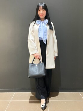 「OPAQUE.CLIP（オペークドットクリップ）のフォルムスリーブミドルコート【洗濯機OK】（Collarless coats、ホワイト系）」を使った、yunさん（レディース・155cm）の冬コーディネート