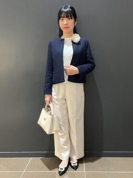 「OPAQUE.CLIP（オペークドットクリップ）の《通勤対応》 コットンツイードジャケット（Collarless jacket、ブルー系）」を使った、yunさん（レディース・155cm）の冬コーディネート