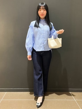 「index（インデックス）のボリュームスリーブブラウス【洗濯機OK】《5col》（Shirts、ブルー系）」を使った、yunさん（レディース・155cm）の冬コーディネート