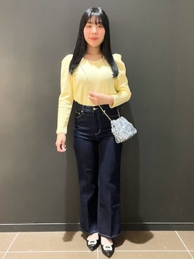 「index（インデックス）の衿チュールデザインケーブルジャガードトップス【洗濯機OK】（T Shirts、イエロー系）」を使った、yunさん（レディース・155cm）の冬コーディネート