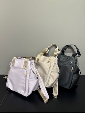 「SHOO・LA・RUE（シューラルー）の【撥水／2WAY】トートにもなる低反発ベルトの3層リュック（バックパック/リュック、パープル系）」を使った、yamaさん（レディース）の冬コーディネート