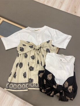 「Cutie Blonde（キューティーブロンド）の【S-LL】スカーフ巻きレイヤード風Tシャツ（Tシャツ/カットソー、ブラック系）」を使った、ゆうゆうさん（レディース・153cm）の夏コーディネート
