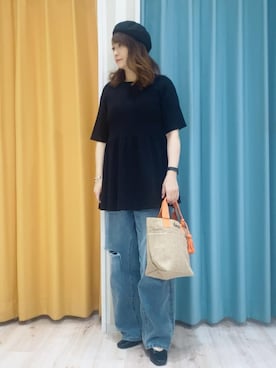 「DRESKIP（ドレスキップ）のペプラムニットトップス（ニット/セーター、ブラック系）」を使った、ゆうゆうさん（レディース・153cm）の春コーディネート