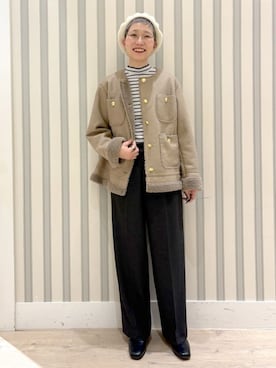 「grove（グローブ）のフェイクムートンボアジャケット（ノーカラーコート、ベージュ系）」を使った、Ayumiさん（レディース・168cm）の冬コーディネート