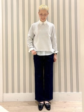 「grove（グローブ）のビジューカラー とろみシャツ（シャツ/ブラウス、ブルー系）」を使った、Ayumiさん（レディース・168cm）の冬コーディネート