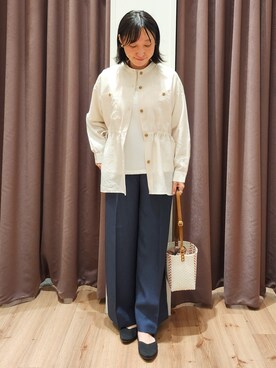 「grove（グローブ）の【貴島明日香さん着用/体型カバー】洗えるシアーサファリシャツジャケット（シャツ/ブラウス、ホワイト系）」を使った、さくさん（レディース・158cm）の春コーディネート