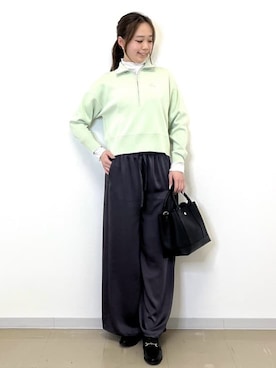 「OPAQUE.CLIP（オペークドットクリップ）のハーフZIP刺繍ロゴニット【洗濯機OK】（ニット/セーター、グリーン系）」を使った、miyuuさん（レディース・166cm）の冬コーディネート