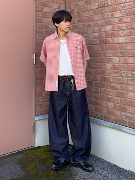 「U.S. POLO ASSN.（ユーエスポロアッスン）のシアサッカー半袖シャツ（シャツ/ブラウス、レッド系）」を使った、swokpalさん（メンズ・172cm）の春コーディネート