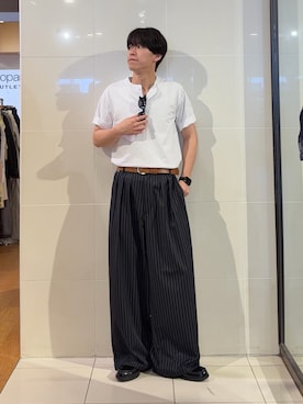 「CPCM（シーピーシーエム）のTRワイドスラックス（その他パンツ、ブルー系）」を使った、swokpalさん（メンズ・172cm）の春コーディネート