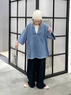 「LEPSIM（レプシィム）の《リネンライクドライシリーズ》ギャザーワイドパンツ　638911（その他パンツ、ブラック系）」を使った、aya.さん（148cm）の春コーディネート