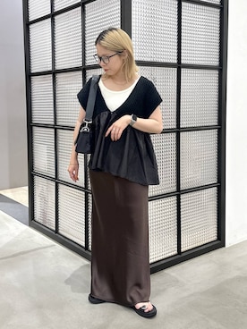「LEPSIM（レプシィム）のストレッチサテンスカート　1049485（スカート、ブラウン系）」を使った、aya.さん（148cm）の夏コーディネート