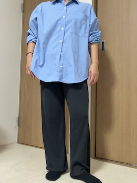 「GLOBAL WORK（グローバルワーク）のイージーケア刺繍シャツ/321333（シャツ/ブラウス、ブルー系）」を使った、3児ママのリアルコーデさん（レディース・150cm）の夏コーディネート