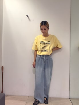 「CIAOPANIC TYPY（チャオパニックティピー）の【UNISEX】宇宙人プリントTシャツ（Tシャツ/カットソー、イエロー系）」を使った、sakura154typさん（レディース・154cm）の夏コーディネート