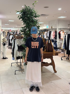 「CIAOPANIC TYPY（チャオパニックティピー）の【UNISEX】ピグメント加工スラブカレッジロゴTEE（Tシャツ/カットソー、ブルー系）」を使った、sakura154typさん（レディース・154cm）の夏コーディネート