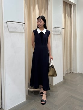 「NATURAL BEAUTY BASIC（ナチュラルビューティーベーシック）のシャツカラーナローリボンニットワンピース（ワンピース、ブルー系）」を使った、honokaさん（レディース・153cm）の夏コーディネート