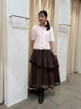 「NATURAL BEAUTY BASIC（ナチュラルビューティーベーシック）のシャギー半袖ニットカーデ（カーディガン/ボレロ、ピンク系）」を使った、honokaさん（レディース・153cm）の秋コーディネート