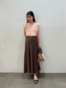 「NATURAL BEAUTY BASIC（ナチュラルビューティーベーシック）のハイネックフリルスリーブカットソー（Tシャツ/カットソー、ピンク系）」を使った、honokaさん（レディース・153cm）の夏コーディネート
