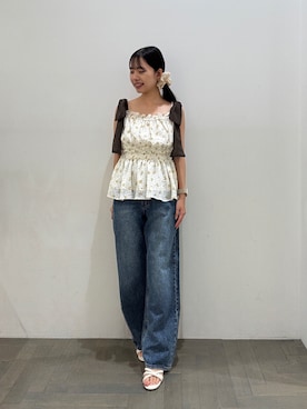 「NATURAL BEAUTY BASIC（ナチュラルビューティーベーシック）のフラワーショルダーリボンキャミ（シャツ/ブラウス、ベージュ系）」を使った、honokaさん（レディース・153cm）の夏コーディネート