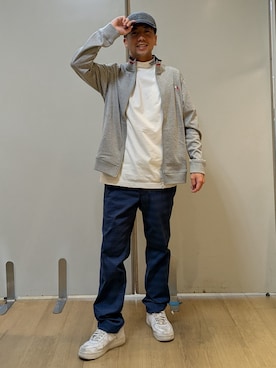 「adabat（アダバット）の【ADABAT NAVY】接触冷感/UVカット ナイロン混ストレッチ半袖モックT（Tシャツ/カットソー、ホワイト系）」を使った、yamatai0723さん（メンズ）の夏コーディネート