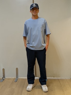 「adabat（アダバット）の接触冷感/抗菌防臭/消臭 アイスクリアコットンポケTシャツ（Tシャツ/カットソー、ブルー系）」を使った、yamatai0723さん（メンズ）の夏コーディネート