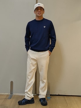 「adabat（アダバット）の【ADABAT NAVY】吸水速乾/UVカット/接触冷感/防シワ ストレッチツイルストレートパンツ（Pants、ホワイト系）」を使った、yamatai0723さん（メンズ）の秋コーディネート