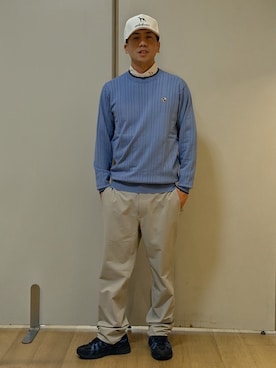 「adabat（アダバット）の【ADABAT NAVY】針抜きリブハイゲージクルーニット（Knitwear、ブルー系）」を使った、yamatai0723さん（メンズ）の秋コーディネート