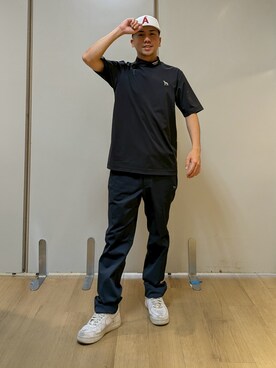 「adabat（アダバット）の【ADABAT NAVY】接触冷感/UVカット ナイロン混ストレッチ半袖モックT（Tシャツ/カットソー、ブラック系）」を使った、yamatai0723さん（メンズ）の夏コーディネート