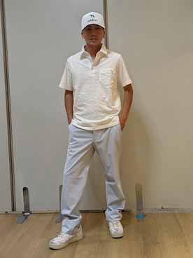 「adabat（アダバット）のボタニカルジャカード半袖ポロシャツ（ポロシャツ、ホワイト系）」を使った、yamatai0723さん（メンズ）の夏コーディネート