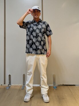 「adabat（アダバット）の吸水速乾/UVカット/エコ　メッシュヤシプリント半袖ポロシャツ（ポロシャツ、ブラック系）」を使った、yamatai0723さん（メンズ）の夏コーディネート